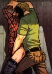  2boys anal arms_up ass bad_id bad_tumblr_id bara black_hair blonde_hair blush brown_pants clothed_sex clothes_pull couple cris_art crotch_grab denim ear_piercing feet_out_of_frame grabbing_another&#039;s_arm green_shirt heads_together hulkling jeans male_focus marvel multiple_boys pants pants_pull piercing reach-around sex sex_from_behind shirt short_hair sideburns standing standing_sex thick_eyebrows toned toned_male wiccan yaoi 