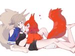  2girls animal_ears arknights ashlock_(arknights) black_shorts breasts bright_pupils brown_hair cleavage clothing_cutout eye_contact flametail_(arknights) grey_eyes highres looking_at_another lying multiple_girls on_stomach oripathy_lesion_(arknights) reclining red_eyes red_hair red_shirt shirt short_hair short_sleeves shorts shoulder_cutout small_breasts smile squirrel_ears squirrel_girl squirrel_tail tail toto_(t0t00629) white_pupils white_shorts yuri 