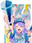  1girl absurdres animal_ears baseball_cap baseball_uniform blurry blurry_background blurry_foreground blush border closed_eyes commentary_request crowd ears_through_headwear facing_viewer hat highres horse_ears horse_girl long_hair mejiro_mcqueen_(let&#039;s_go!_yes!?)_(umamusume) mejiro_mcqueen_(umamusume) no_uwazumi official_alternate_costume open_mouth outdoors people purple_hair short_sleeves solo sportswear umamusume white_border 