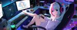  1girl absurdres bare_legs barefoot blue_eyes blue_hair chair computer controller desk game_controller gamepad gaming_chair headphones highres keyboard_(computer) league_of_legends leg_on_table looking_at_viewer monitor mouse_(computer) multicolored_hair multiple_monitors neon_lights otter_paw_(otter696969) pink_hair playing_games screen_light solo swivel_chair 