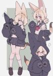  &gt;_&lt; 1girl :&lt; =3 absurdres animal_ear_fluff animal_ears animal_hood arm_at_side bandaid bandaid_on_clothes black_hoodie blonde_hair blush blush_stickers border bow brown_footwear closed_mouth cropped_torso double_bun film_grain flying_sweatdrops fox_ears fox_girl fox_tail full_body green_bow grey_sailor_collar grey_skirt hair_bun hand_up hands_up highres hood hood_up hoodie jacket jacket_partially_removed jitome kneehighs knees_together_feet_apart long_sleeves looking_at_viewer looking_to_the_side medium_hair megateru motion_lines multiple_views nose_blush notice_lines open_clothes open_hoodie original outside_border parted_lips pigeon-toed pleated_skirt pout red_eyes sailor_collar school_uniform serafuku shirt short_sleeves sidelocks simple_background skirt sleeves_past_fingers sleeves_past_wrists socks tail white_border white_shirt white_socks 