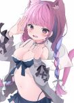  1girl alternate_costume animal_ears braid breasts cat_ears cleavage commentary fang highres hololive minato_aqua multicolored_hair navel nocchi_(r_ws2l) off_shoulder pink_eyes pink_hair skin_fang streaked_hair twin_braids virtual_youtuber 