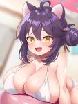  1girl absurdres ahoge animal_ears ass bikini black_hair blue_archive blurry blurry_background blush breasts collarbone fang hair_between_eyes hair_bun halo highres huge_breasts kaede_(blue_archive) looking_at_viewer open_mouth oppai_loli pink_halo short_hair single_side_bun skin_fang smile solo sonao swimsuit white_bikini yellow_eyes 