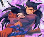  1boy black_hair black_jacket blue_ribbon dragon_quest dragon_quest_builders_2 fang gloves grin hair_slicked_back highres holding holding_weapon injury jacket jewelry long_hair looking_at_viewer low_ponytail male_focus mouyi necklace orange_eyes pointy_ears purple_background red_gloves ribbon sidoh_(dqb2) smile solo tooth_necklace weapon wide_ponytail 