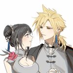  1boy 1girl alternate_costume bare_shoulders black_hair black_jacket blonde_hair blue_eyes breasts china_dress chinese_clothes cleavage cleavage_cutout closed_mouth clothing_cutout cloud_strife commentary couple double_bun dress duoj_ji final_fantasy final_fantasy_vii final_fantasy_vii_remake flower grey_dress hair_bun hair_ornament height_difference high_collar holding_hands jacket jacket_on_shoulders large_breasts light_blush long_hair looking_at_another low_ponytail matching_outfits multicolored_hair official_alternate_costume official_alternate_hairstyle profile red_eyes red_flower single_sidelock sketch smile spiked_hair tifa_lockhart tifa_lockhart&#039;s_sporty_dress two-tone_hair upper_body white_background 