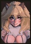  1girl absurdres animal_ear_fluff animal_ears artist_name big_hair bikini black_border blonde_hair border breasts eyelashes fur_collar furrowed_brow hair_between_eyes hands_up highres kemono_friends large_breasts leaning_forward light_smile lion_(kemono_friends) lion_ears lips looking_at_viewer parted_lips reborns red_lips solo swimsuit upper_body yellow_eyes 