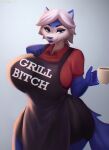  anthro aozee apron big_breasts blue_body blue_fur breasts canid canine clothed clothing english_text female fur grey_eyes hair hi_res holding_coffee_mug looking_at_viewer mammal shirt simple_background solo text topwear white_hair 
