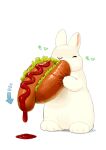  animal_focus arrow_(symbol) closed_eyes eating facing_viewer food full_body furry holding holding_food hot_dog ketchup lettuce lilac_(p-f_easy) no_humans original rabbit shadow simple_background standing white_background 