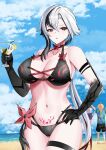  2girls absurdres aether_(genshin_impact) arlecchino_(genshin_impact) bare_shoulders beach bikini black_bikini black_hair black_skin blue_sky breasts cleavage cocktail_glass collarbone colored_skin cup drinking_glass genshin_impact gradient_skin grey_eyes highleg highleg_bikini highres large_breasts long_hair looking_at_viewer low_ponytail multicolored_hair multiple_girls navel paimon_(genshin_impact) pubic_tattoo red_pupils shore sky streaked_hair swimsuit symbol-shaped_pupils tattoo thigh_strap thighs tian_kazuki white_hair x-shaped_pupils 