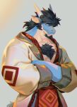  1boy absurdres another_eidos-r bara black_hair blue_scales chest_hair chest_tuft cowboy_shot crossed_arms dragon_boy facial_hair folker_(another_eidos) furry furry_male goatee highres japanese_clothes kimono long_sideburns looking_to_the_side male_focus mature_male muscular muscular_male neilos pectoral_cleavage pectorals pelvic_curtain ponytail short_hair sideburns solo white_kimono 