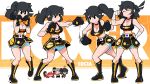  1girl black_eyes black_gloves black_hair black_skirt boxing_gloves breasts character_name cleavage closed_eyes crab gloves halftone hands_up heart highres lucia_(scott_malin) medium_breasts medium_hair midriff multiple_views navel original ponytail punching scott_malin shorts shorts_under_skirt skirt standing tongue tongue_out white_shorts 