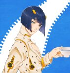  1boy black_hair blue_background blue_eyes blunt_bangs bob_cut bruno_bucciarati cup from_side hair_ornament hairclip highres holding holding_cup jacket jojo_no_kimyou_na_bouken looking_at_viewer male_focus mm_umum pectoral_cleavage pectorals short_hair smile solo two-tone_background upper_body vento_aureo white_background white_jacket zipper zipper_pull_tab 