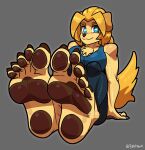  2023 5_toes anthro bird_dog blonde_hair blue_eyes canid canine canis claws dog_knight_rpg domestic_dog feet female foot_focus fur golden_retriever hair hi_res humanoid_feet hunting_dog jeane_(ceehaz) mammal pawpads plantigrade reathroch retriever sitting sitting_on_ground solo tan_body tan_fur toe_claws toes 