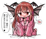  1girl all_fours barefoot bat_wings bed blush breasts cleavage commentary_request demon_wings dot_nose head_wings heart heart-shaped_pupils kasuya_baian koakuma long_hair motion_lines open_mouth pajamas pink_pajamas red_eyes red_hair simple_background smile solo spoken_heart symbol-shaped_pupils touhou translation_request white_background wings 