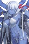  1girl armor armpits arms_up bare_shoulders belly_chain bikini_armor blue_eyes blue_skin bracelet breasts cleavage collarbone colored_skin earrings extra_arms fate/grand_order fate_(series) hair_ribbon highres jewelry kali_(fate) large_breasts long_hair looking_at_viewer navel neck_ring necklace ref_(pmxt4483) revealing_clothes ribbon sash solo thighs third_eye thumb_ring very_long_hair white_hair 