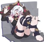  ahoge briar_(league_of_legends) crazy_eyes feet foot_focus hair_between_eyes highres league_of_legends looking_at_viewer open_mouth pointy_ears saliva_drip sharp_teeth softhanten soles stirrup_footwear teeth thighs toes white_hair 