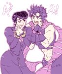  2boys abs battle_tendency blue_eyes crop_top diamond_wa_kudakenai father_and_son fingerless_gloves gakuran gloves higashikata_josuke jojo_no_kimyou_na_bouken joseph_joestar joseph_joestar_(young) kamabo_ko male_focus midriff multiple_boys own_hands_clasped own_hands_together pompadour purple_eyes purple_hair purple_outline purple_scarf scarf school_uniform striped striped_scarf time_paradox 