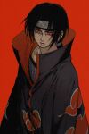  1boy akatsuki_uniform black_hair commentary ctfsxxrt headband highres looking_at_viewer male_focus naruto_(series) red_background red_eyes sharingan short_hair simple_background solo uchiha_itachi upper_body 