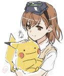  1girl 1other asshuku brown_eyes brown_hair brown_sweater_vest collared_shirt crossover ditto empty_eyes goggles goggles_on_head half-closed_eyes head-mounted_display highres holding holding_pokemon hug light_smile looking_at_another misaka_imouto parted_bangs pikachu pokemon pokemon_(creature) portrait school_uniform shirt short_hair short_sleeves signature sketch summer_uniform sweater_vest toaru_majutsu_no_index tokiwadai_school_uniform transformed_ditto white_shirt 