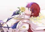  1boy alear_(fire_emblem) alear_(male)_(fire_emblem) blue_eyes blue_gloves blue_hair cape crossed_bangs fire_emblem fire_emblem_engage flower gloves hair_between_eyes heterochromia holding holding_flower looking_at_viewer male_focus multicolored_hair red_eyes red_hair rose short_hair split-color_hair two-tone_hair white_background yutohiroya 