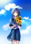  1girl blue_eyes blue_hair blue_neckerchief blue_skirt blurry bouquet closed_mouth cloud day expressionless flower highres holding holding_bouquet light_particles long_hair looking_at_viewer neckerchief original outdoors parted_lips pleated_skirt sailor_collar school_uniform serafuku skirt sky standing straight-on sunflower watanacat 