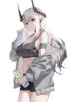  1girl absurdres arknights bandaged_arm bandages bare_shoulders black_choker black_shorts bottle breasts choker cleavage collarbone commentary cowboy_shot double-parted_bangs ear_piercing gradient_hair grey_hair grey_horns grey_jacket grey_sports_bra hair_between_eyes highres holding holding_bottle holding_towel jacket large_breasts long_hair long_sleeves looking_at_viewer lu_tsuki1954 midriff mudrock_(arknights) multicolored_hair navel off_shoulder parted_lips piercing pointy_ears puffy_long_sleeves puffy_sleeves red_eyes short_shorts shorts simple_background sleeves_past_wrists solo sports_bra sweat towel two-tone_hair water_bottle white_background white_hair 