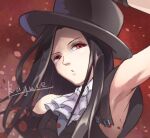  1boy :o adjusting_clothes adjusting_headwear androgynous armpits ascot black_hair black_headwear guilty_gear guilty_gear_strive hat highres kagure_(karaguren) long_hair male_focus red_background red_eyes signature sleeveless splatter testament_(guilty_gear) top_hat white_ascot 