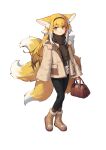  1girl absurdres alternate_costume animal_ear_fluff animal_ears arknights bag black_pantyhose blush boots brown_bag brown_footwear brown_hairband brown_jacket brown_scarf cat-quest-sun chinese_commentary closed_mouth colored_tips commentary_request fox_ears fox_girl fox_tail full_body fur-trimmed_boots fur_trim hairband highres holding holding_bag jacket kitsune kyuubi long_hair long_sleeves looking_at_viewer multicolored_hair multiple_tails pantyhose scarf simple_background sleeves_past_wrists smile solo standing suzuran_(arknights) tachi-e tail two-tone_hair white_background white_hair wide_sleeves 
