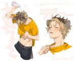  animal_ears black_pants blonde_hair bottle brown_hair closed_eyes clothes_lift con_potata highres holding holding_bottle hyena_ears male_focus multicolored_hair navel pants pouring pouring_onto_self ruggie_bucchi shirt shirt_lift stomach twisted_wonderland water_bottle wet yellow_shirt 