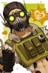  1boy \m/ abs absurdres apex_legends black_headwear cropped_vest fingerless_gloves gloves goggles green_vest heart highres jui_(dirtybigrat) korean_commentary lifeline_(apex_legends) male_focus mask mouth_mask navel octane_(apex_legends) solo twitter_username vest 