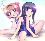  2girls bare_shoulders blue_eyes blue_one-piece_swimsuit cardcaptor_sakura closed_mouth commentary_request daidouji_tomoyo flat_chest green_eyes highres himewachi kinomoto_sakura long_hair multiple_girls one-piece_swimsuit open_mouth orange_hair purple_hair school_swimsuit sitting swimsuit tagme thighs 