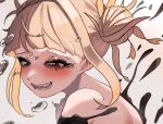  1girl absurdres bags_under_eyes blonde_hair blush boku_no_hero_academia crying crying_with_eyes_open double_bun fangs hair_bun highres messy_hair narrowed_eyes sidelocks solo tears toga_himiko topless yellow_eyes zd_(pixiv6210083) 