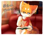  anthro ayaka book bookshelf canid canine canis container countershading cup domestic_dog ear_piercing fur furniture heterochromia holding_container holding_cup holding_object inside japanese_text mammal orange_body orange_fur piercing reading reading_book scarf shiba_inu signature sitting sofa solo spitz tan_body tan_fur text 