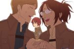  1boy 1girl 1other brown_hair brown_jacket closed_eyes commentary glasses hange_zoe hanpetos jacket moblit_berner nifa_(shingeki_no_kyojin) opaque_glasses open_mouth ponytail red_hair shaded_face shingeki_no_kyojin short_hair smile survey_corps_(emblem) sweatdrop translation_request 