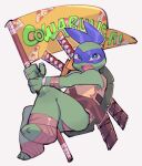 1boy blue_eyes colored_skin commentary_request english_text flag furry furry_male green_scales green_skin katana leonardo_(tmnt) looking_at_viewer male_focus mask moime open_mouth scabbard sheath simple_background sword teenage_mutant_ninja_turtles turtle_boy weapon white_background 