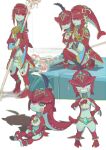  1girl aged_down blush_stickers brother_and_sister colored_skin fins fish_boy fish_girl hair_ornament highres holding holding_polearm holding_weapon ivy_(sena0119) jewelry long_hair looking_at_viewer mipha monster_girl multicolored_skin no_eyebrows pointy_ears polearm red_hair red_skin siblings sidon sitting smile the_legend_of_zelda the_legend_of_zelda:_breath_of_the_wild weapon zora 