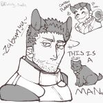  2boys :/ :3 animal_ears animalization bara black_cat blush blush_stickers cat cat_ears cropped_shoulders dog_boy dog_ears dog_tail envysoda facial_hair greyscale halo happy highres jitome kemonomimi_mode looking_at_viewer male_focus mature_male monochrome multiple_boys nyan pectoral_cleavage pectorals protagonist_3_(housamo) pun raised_eyebrows short_hair sideburns stubble tail thick_eyebrows tokyo_afterschool_summoners yaoi zabaniyya_(housamo) 