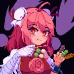  ! !! 1girl ahoge bandaged_arm bandages black_background blush brodall_pixel cardigan closed_mouth commentary dango food holding holding_food ibaraki_kasen looking_at_viewer medium_hair pink_cardigan pink_eyes pink_hair pixel_art sanshoku_dango solo sweatdrop touhou upper_body wagashi 