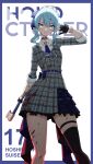  1girl absurdres ascot blood blood_on_clothes blood_on_face blue_ascot blue_choker blue_hair choker daydarion dress gloves highres hololive hoshimachi_suisei hoshimachi_suisei_(1st_costume) idol partially_fingerless_gloves plaid plaid_dress single_thighhigh star_(symbol) star_in_eye symbol_in_eye thighhighs thighs virtual_youtuber 