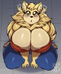  2023 4_fingers absurd_res adelina_(superix) anthro big_breasts breasts canid canine canis clothed clothing domestic_dog female fingers fur hi_res kneeling looking_at_viewer mammal pomeranian solo spitz superix yellow_body yellow_fur 