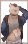  2023 absurd_res anthro arknights black_hair blue_hair blush clothing collar duo ear_piercing fur grey_body grey_fur hair hi_res holding_stomach hyena hypergryph inari_0920 jacket male mammal one_eye_closed piercing shirt_up spot_(arknights) spotted_hyena studio_montagne topwear touching_stomach 