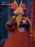  3d_(artwork) anthro blender_(software) bra breasts canid canine clothed clothing delphox digital_media_(artwork) fangs female generation_6_pokemon hand_on_hip hi_res hiddenmask18 lidded_eyes mammal navel nintendo open_mouth partially_clothed pokemon pokemon_(species) robe solo stick teeth underwear 