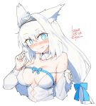  1girl animal_ears blue_bow blue_eyes blush bow breasts commentary_request cropped_torso dated dobrynya_nikitich_(fate) fate/grand_order fate_(series) hair_intakes hairband kiyu_(queue) large_breasts long_hair low-tied_long_hair signature solo sweat white_background white_hair 