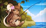  2020 accessory artist_name blue_sky brown_body brown_fur brown_hair cloud countershade_fur countershade_torso countershading digital_media_(artwork) female fishing fishing_rod flower flower_in_hair fur grass hair hair_accessory hindpaw holding_fishing_rod holding_object layala leaf long_hair mammal mouse murid murine notched_ear pawpads paws plant rodent rodent_tail shaded sky solo tan_body tan_countershading tan_fur transformice tree water 