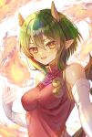  1girl :d bare_shoulders blush breasts commentary_request draco_centauros dragon_girl dragon_horns dragon_wings elbow_gloves fang fire gloves green_hair highres horns looking_at_viewer medium_breasts pointy_ears puyopuyo short_hair skin_fang smile solo upper_body white_gloves wings xx_momomo_xx yellow_eyes 