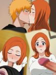  1boy 1girl black_eyes black_shirt bleach blush breasts brown_hair censored closed_eyes commentary_request couple eyelashes fellatio hetero highres indoors inoue_orihime kh-fullhouse kiss kurosaki_ichigo large_breasts long_hair mosaic_censoring multiple_views oral orange_hair parted_bangs penis penis_awe shirt short_hair spiked_hair white_shirt wide-eyed 