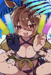  1girl agnes_tachyon_(lunatic_lab)_(umamusume) agnes_tachyon_(umamusume) ahoge animal_ears bikini black_bikini black_gloves blush_stickers breasts cleavage commentary_request criss-cross_halter crossed_legs food gloves hair_between_eyes halterneck highres holding holding_food holding_popsicle horse_ears horse_girl jacket kii-kun_(agnes_tachyon)_(umamusume) looking_at_viewer machiya_tako medium_breasts navel official_alternate_costume open_clothes open_jacket open_mouth popsicle red_eyes short_hair single_glove summer&#039;s_sunlight_fades_to_blue_(umamusume) sweat swimsuit test_tube tied_jacket umamusume 