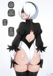  1girl 2b_(nier:automata) absurdres artist_name ass back_cutout black_blindfold black_hairband blindfold clothing_cutout commentary cowboy_shot english_text evil_trevo from_behind hairband highres juliet_sleeves leotard long_sleeves looking_back medium_hair nier:automata nier_(series) puffy_sleeves solo thighhighs thong_leotard two-tone_gloves watermark wide_hips 