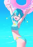  1girl ;d aqua_bikini aqua_eyes aqua_hair armpits arms_up bikini blue_sky bracelet commentary cowboy_shot day from_side hagoromo_lala hair_ornament halterneck highres holding holding_innertube innertube jewelry jj_(ssspulse) looking_at_viewer ocean one_eye_closed open_mouth outdoors pointy_ears precure print_bikini short_hair sky smile solo standing star-shaped_pupils star_(symbol) star_print star_twinkle_precure swimsuit symbol-shaped_pupils wet 