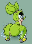  2023 afrosoricid anthro anus badguynek big_butt blue_eyes bouncing_butt butt butt_clap clothing crouching ear_piercing female footwear genitals green_body hi_res idw_publishing looking_at_viewer looking_back looking_back_at_viewer mammal mostly_nude naughty_face piercing pussy rear_view sega shoes solo sonic_the_hedgehog_(comics) sonic_the_hedgehog_(idw) sonic_the_hedgehog_(series) surge_the_tenrec tenrec tongue tongue_out 